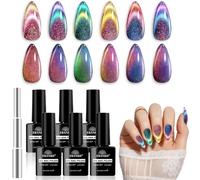 EBANKU Cat Eye Gel Nail Polish Set, 6 Colors Chameleon Cat Eye Black Glitter Blue Purple Pink Red Gel Polish with Magnet Soak Off UV Galaxy Glitter Salon Gift for Women
