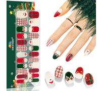 EBANKU Christmas Cured Gel Nail Strips, Glitter Gel Nail Polish Strips Long Lasting Waterproof Full Nail Wraps Stickers with Stick, Nail File (Red Checkered Christmas Nails)