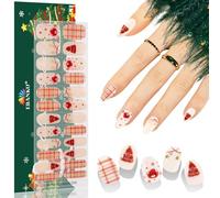 EBANKU Christmas Cured Gel Nail Strips, Glitter Gel Nail Polish Strips Long Lasting Waterproof Full Nail Wraps Stickers with Stick, Nail File (Grid Stripe Christmas Nails)
