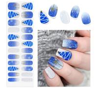EBANKU Christmas Cured Gel Nail Strips, Glitter Gel Polish Strips - Long Lasting, Waterproof Full Nail Wraps - Sparkly Blue Christmas Tree and Snowflake