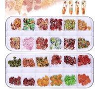 EBANKU Fall Nail Art Sticker - 24 Grids Leaves Decals, Wood Pulp Supplies, Glitter Design, Maple Flower Retro Stickers for Acrylic Nails
