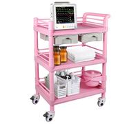 EBANKU Mobile Medical Carts 3 Tier Professional Utility Cart with 2 Drawers & 1 Trash Cans, Beauty Salon Rolling Trolley with 4 Silent Wheels for Hospital Dental Clinic Lab, Pink