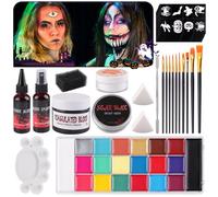 EBANKU Professional Face Body Paint Kit,Special Effects SFX Makeup Set 20 Colors Oil Face&Body Paint Kit with 10 Size Brushes 6PCS Reusable Face Stencils Kids and Adults Halloween Makeup Cosplay