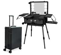 EBANKU Rolling Makeup Train Case with Lighted Mirror, 24inch Large Make up Cosmetic Orgainzer Box Travel Case with Bluetooth, Professional Protable Aluminum Trolley Salon Staion (Black)