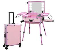 EBANKU Rolling Makeup Train Case with Lighted Mirror, 24inch Large Make up Cosmetic Orgainzer Box Travel Case with Bluetooth, Professional Protable Aluminum Trolley Salon Staion (Pink)