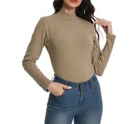 EBANKU Womens Long Sleeve Thermal Tops Mock Neck Base Layers Tight Slim Fit Plain Stretch T-Shirt Tops Light Apricot