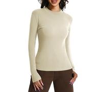EBANKU Womens Long Sleeve Tops Mock Neck Base Layers Tight Slim Fit Plain Stretch T-Shirt Tops Light Khaki