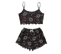 EBayin Women Sleepwear Pajamas Set Ladies Black Sun and Moon Print Sexy Nightwear Gothic Camisole Shorts Lingerie Pajamas