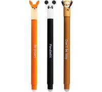 Eberhard Faber 599019 - Erasable Ink Roller, 3 Animal Erase It Pens, Panda, Fox, Sloth, Gel Pen, Blue, 0.7 mm