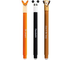 Eberhard Faber 599019 - Erasable Ink Roller, 3 Animal Erase It Pens, Panda, Fox, Sloth, Gel Pen, Blue, 0.7 mm