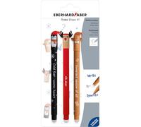 Eberhard Faber Animal Erase It! Festive Pens 3 Pen Blistercard, Writing, Blue Ink, 0.7mm Line Width, Refillable Writing Pens, With Eraser, Handwriting Stationery Supplies, Blue Coloured Ink Pens