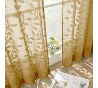 Ebesto Gold Sheer Curtains 72 Inches Long - Light Filtering Leaf Clip Jacquard Textured Semi Sheer Living Room Curtains, Farmhouse Rod Pocket Window Drapes, 2 Panels, 2x42Wx72L Inches