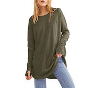 Ebifin Long Sleeve Tops Womens Long Jumpers Crewneck Tunic Tops Loose Fit Sweatshirts with Thumb Holes.Army Green.S