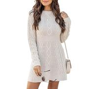 Ebifin Sweater Dresses for Women Elegant Jumper Dresses Knitted Round Neck A-Line Mini Dress Winter Pullover Dresses.Beige.S