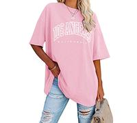 Ebifin Women's Oversize T-Shirt Vintage Short Sleeve Shirts with Los Angeles Crew Neck Summer Tops Casual Loose Basic Tee Shirt, Pink, L