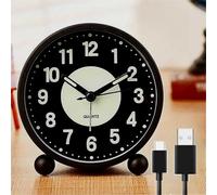 EBILUN Silent Bedside Alarm Clock Non Ticking Glow-in-the-Dark Bedroom Clock USB Rechargeable (Black Rechargeable)