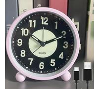 EBILUN Silent Bedside Alarm Clock Non Ticking Glow-in-the-Dark Bedroom Clock USB Rechargeable (Pink Rechargeable)