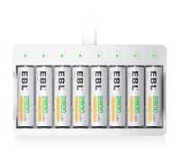 EBL 8 x NIMH 2800mAh AA Rechargeable Batteries with Charger, 8 Slots LED Individual AA Battery Charger with 5V 2A Fast Charging Function with Rechargeable Battery AA Sets