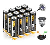 EBL AA Rechargeable Batteries for Solar Lights, 1.2V 1300mAh Ni-MH Pre-Charged AA Solar Batteries for Garden Lights, String Lights (Pack of 12)