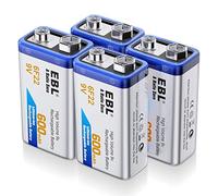 EBL Rechargeable 9V batteries High Volume 600mAh Li-ion 6F22 PP3 Rechareable Batteries Pack of 4 (New Packaging, Images Coming Soon)