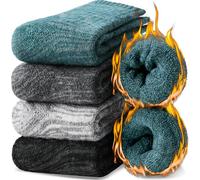 EBMORE Merino Wool Thermal Warm Socks for Women Men Thick Winter Walking Hiking Cosy Crew Comfy Gifts Socks 4 Pairs Stocking Fillers(Green/White/Dark Grey/Black, 7-11)
