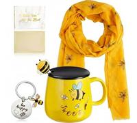 EBOOT 4 Pieces Bee Lovers Gifts Set for Women Including Ceramic Mug Tea Cup with Cover and Spoon, Women Silk Scarf Wraps Shawl, Keychain Keyring with Box and Gift Card Present for Bee Lover