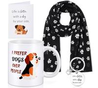 EBOOT 4 Pieces Dog Themed Gift Set for Women Including Ceramic Mug Tea Cup with Cover and Spoon, Women Silk Scarf Wraps Shawl, Keychain Keyring with Box and Gift Card Present for Dog Lover