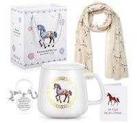 EBOOT 4 Pieces Horse Themed Gift Set for Women Including Ceramic Mug Tea Cup with Cover and Spoon, Women Silk Scarf Wraps Shawl, Keychain Keyring with Box and Gift Card Present for Horse Lover