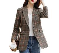 ebossy Women Double Breasted Houndstooth Plaid Slim Boyfriend Blazer Jacket, Z-khaki, L