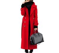 ebossy Women‘s Winter Double Breasted Wool Coat Elegant Notched Lapel Belted Maxi Long Pea Trench Coat, Red, XX-Large