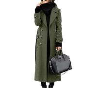 ebossy Women‘s Winter Double Breasted Wool Coat Elegant Notched Lapel Belted Maxi Long Pea Trench Coat, Army Green, Small