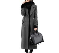 ebossy Women‘s Winter Double Breasted Wool Coat Elegant Notched Lapel Belted Maxi Long Pea Trench Coat, Dark Grey, Large