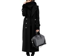 ebossy Women‘s Winter Double Breasted Wool Coat Elegant Notched Lapel Belted Maxi Long Pea Trench Coat, Black, Large