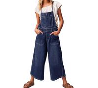 ebossy Women's Adjustable Spaghetti Strap Bib Overalls Casual Loose Wide Leg Capri Jean Jumpsuit, Royal Blue, Medium