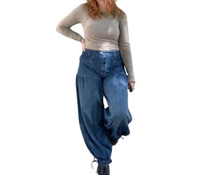ebossy Women's Baggy Barrel Jeans High Waist Lotus Adjustable Drawstring Bow Tie Wide Leg Denim Pants, Dark Blue, Large