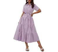 ebossy Women's Boho Striped Shirt Dress Button Down Belted Flowy Ruffles Loose A Line Maxi Long Dress with Pockets, Purple, L