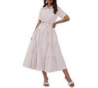 ebossy Women's Boho Striped Shirt Dress Button Down Belted Flowy Ruffles Loose A Line Maxi Long Dress with Pockets, Khaki, M