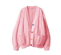 ebossy Women's Cable Knit Long Sleeve Open Front Cardigan Sheep V-Neck Button Down Embroidery Wool Blend Sweater Coat Outwear, Z-Pink, Small