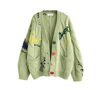 ebossy Women's Cable Knit Long Sleeve Open Front Cardigan Sheep V-Neck Button Down Embroidery Wool Blend Sweater Coat Outwear, Green, XS
