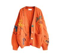 ebossy Women's Cable Knit Long Sleeve Open Front Cardigan Sheep V-Neck Button Down Embroidery Wool Blend Sweater Coat Outwear, Orange, L
