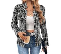 ebossy Women's Casual Slim Notched Plaid Tweed Blazer Elegant Open Front Long Sleeve Business Work Jacket Dress Coat, Black/White, XL