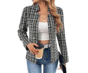 ebossy Women's Casual Slim Notched Plaid Tweed Blazer Elegant Open Front Long Sleeve Business Work Jacket Dress Coat, Black/White, XL