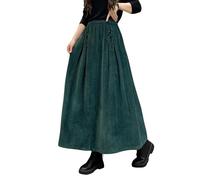 ebossy Women's Corduroy Maxi Skirt Elastic High Waist Drawstring Tie Front A-Line Pleated Long Skirt with Pockets, Blackish Green, M