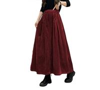 ebossy Women's Corduroy Maxi Skirt Elastic High Waist Drawstring Tie Front A-Line Pleated Long Skirt with Pockets, Wine Red, L