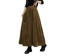ebossy Women's Corduroy Maxi Skirt Elastic High Waist Drawstring Tie Front A-Line Pleated Long Skirt with Pockets, Brown, S