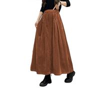 ebossy Women's Corduroy Maxi Skirt Elastic High Waist Drawstring Tie Front A-Line Pleated Long Skirt with Pockets, Orange Brown, XL