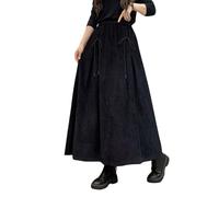 ebossy Women's Corduroy Maxi Skirt Elastic High Waist Drawstring Tie Front A-Line Pleated Long Skirt with Pockets, Black, S