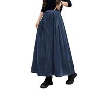 ebossy Women's Corduroy Maxi Skirt Elastic High Waist Drawstring Tie Front A-Line Pleated Long Skirt with Pockets, Navy Blue, L