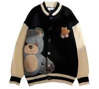 ebossy Womens Cute Bear Embroidery Knit Cardigans Casual Loose Button Down Drape Long Sleeve Varsity Sweater Jacket, Black, L