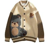 ebossy Womens Cute Bear Embroidery Knit Cardigans Casual Loose Button Down Drape Long Sleeve Varsity Sweater Jacket, Apricot, XXL